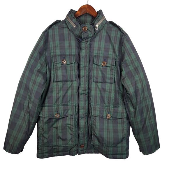 Tommy Hilfiger VINTAGE Down Jacket Men’s SZ M Green/Navy Plaid Hooded Quilted - Picture 1 of 16